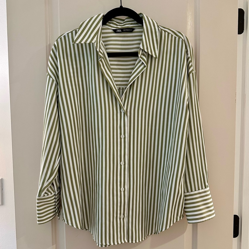 Zara Olive Green & White Striped Button-Up Blouse - Small